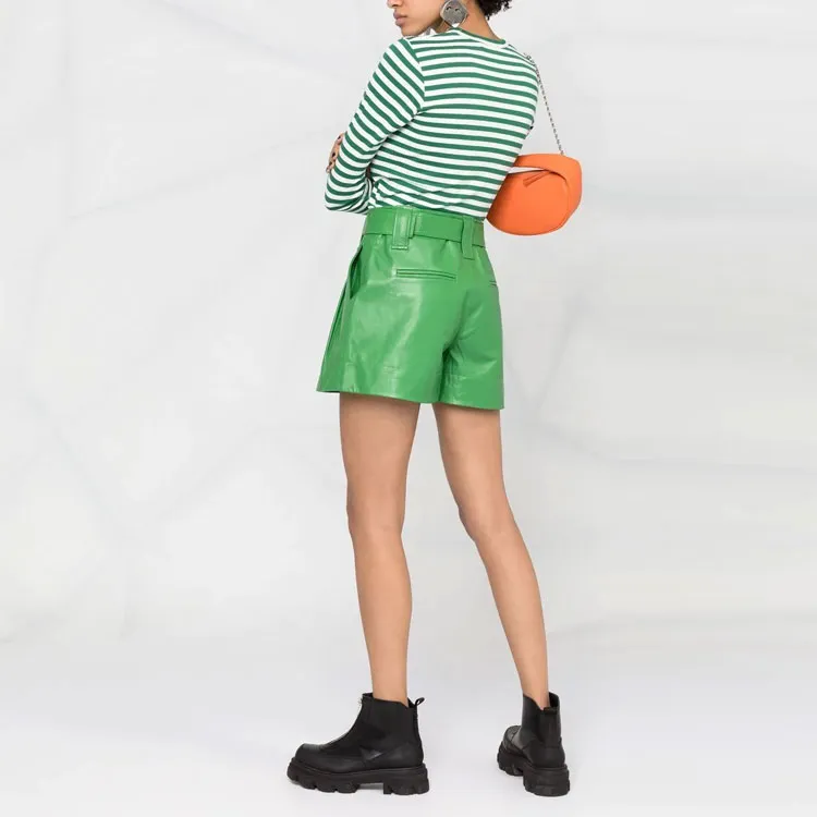 GANNI Belted High-Rise Leather Shorts-3
