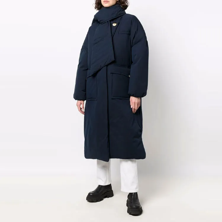 GANNI FW21 Solid Color Lapel Loose Fit Mid-Length Down Jacket Women's Blue-2