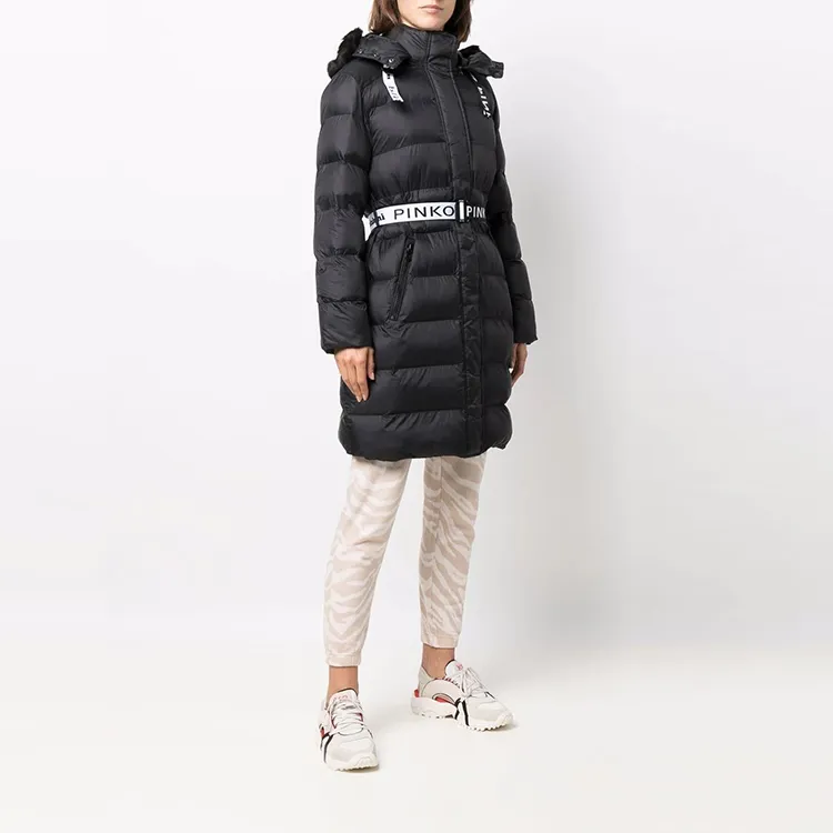 PINKO FW21 Solid Color Letters Hooded Mid-Length Puffer Jacket Women's Black-4