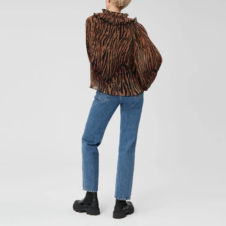 GANNI Pleated Georgette V Neck Ruffle Blouse 'Tiger's Eye'-2
