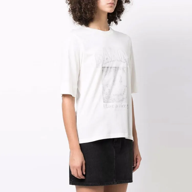 GANNI Light Cotton Jersey Smiley O neck Mid Sleeve T shirt 'Egret'-2