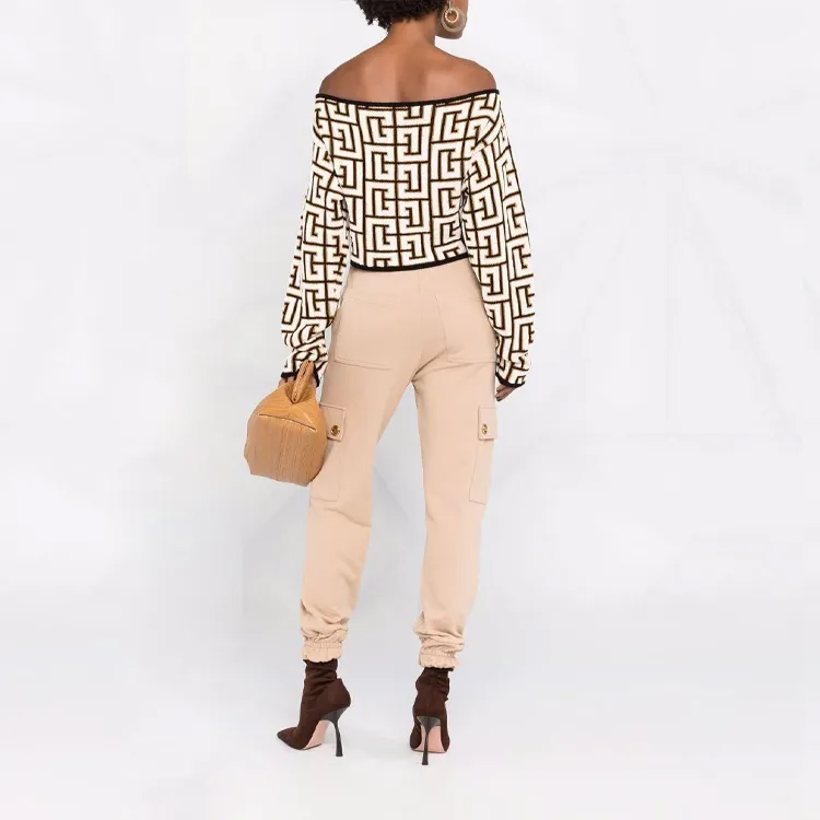 BALMAIN Cropped Off Shoulder Monogram Knit Top 'Noir/Blanc'-2