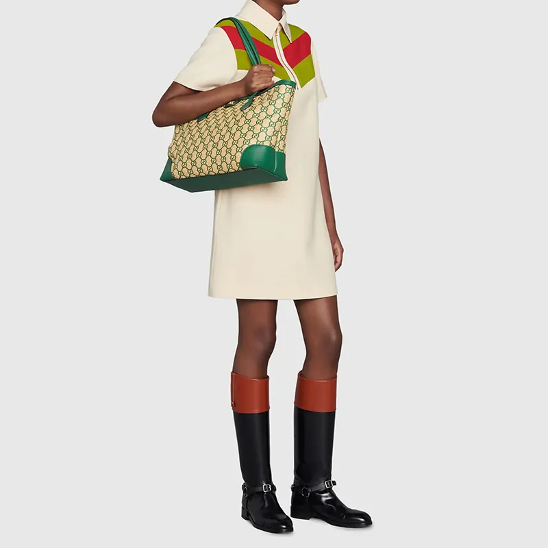 GUCCI Ophidia Straw Woven With Leather One Shoulder Handbags Women's Emerald Green/Apricot Cream-7