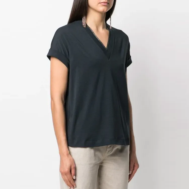 Brunello Cucinelli Embellished V Neck T Shirt-2