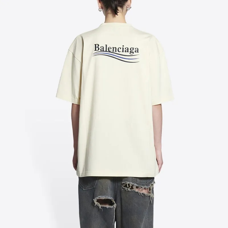 Balenciaga Political Campaign Drop Shoulder Sleeve T Shirt Women's Beige Loose Fit-3