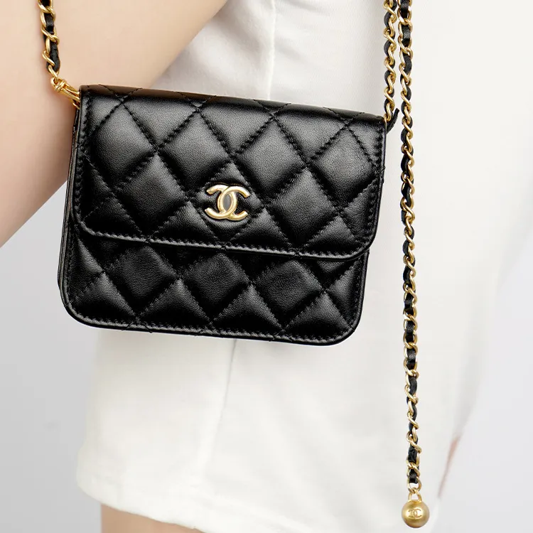 CHANEL Little Golden Ball Sheepskin Coin Purse, Fanny Pack, Shoulder Bag, Crossbody Bag Women's Black-8