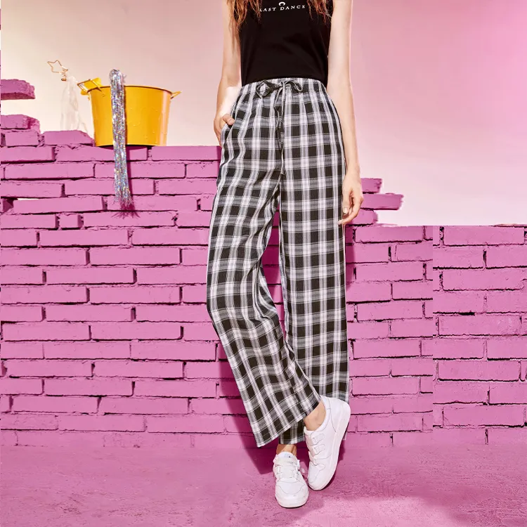 SEENFAAN Casual Pants Unisex Black Plaid Black-4