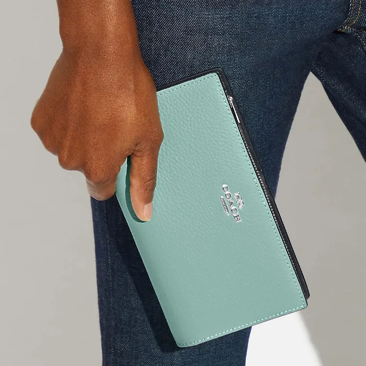 COACH Slim Wallet Pebbled Leather Wallet Clutch Small Size Women's Light Lake Green, Morandi Color Scheme-4