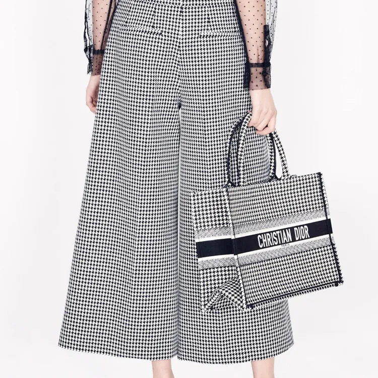 DIOR BookTote Embroidery Handbag Women's Black/White-4