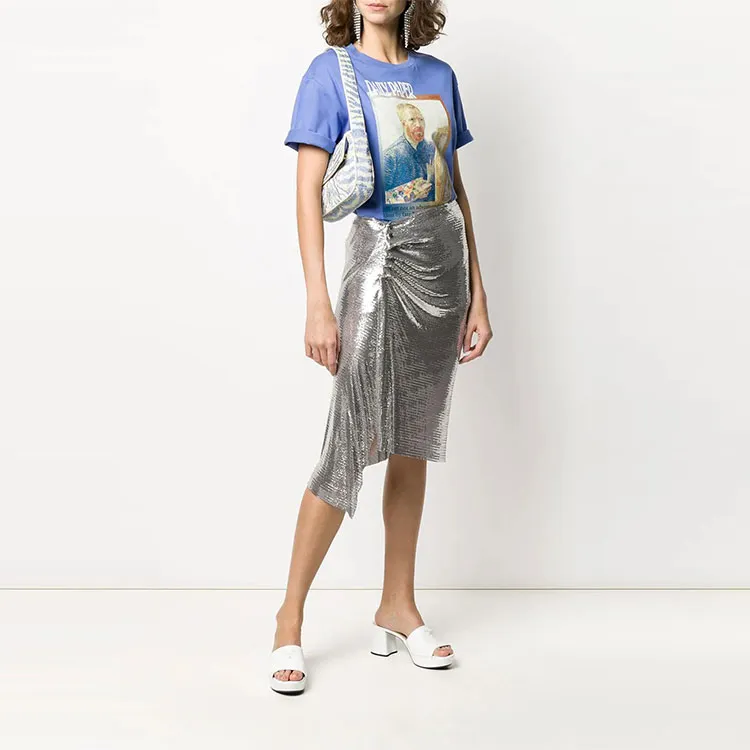 Paco Rabanne Asymmetric Metallic Ruched Midi Skirt-1
