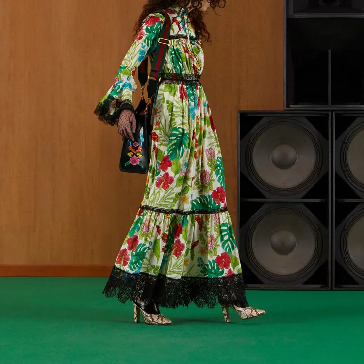 GUCCI Floral Print Lace Trim Muslin Dress Multi-4