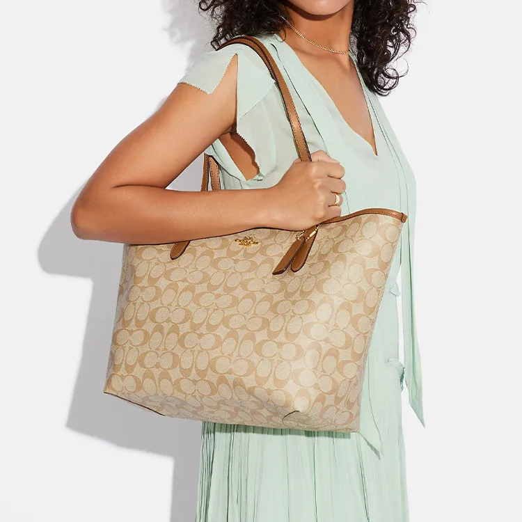COACH City Coated Canvas With Leather Tote Bag Shopping Bag Shoulder Bag Handbag Women's Milk Tea Beige-3