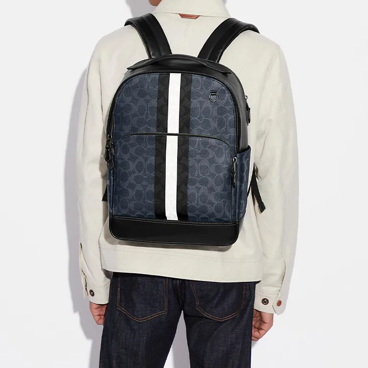 COACH Graham Elegant Calfskin With Coated Canvas Backpack Large Size Men's Denim Blue-5
