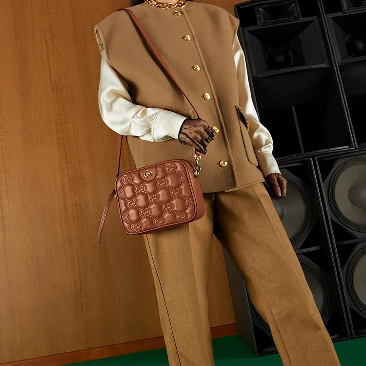 GUCCI GG Matelassé Leather Small Square Camera Bag Shoulder Bags Handbags Small Size Women's Light Brown-10