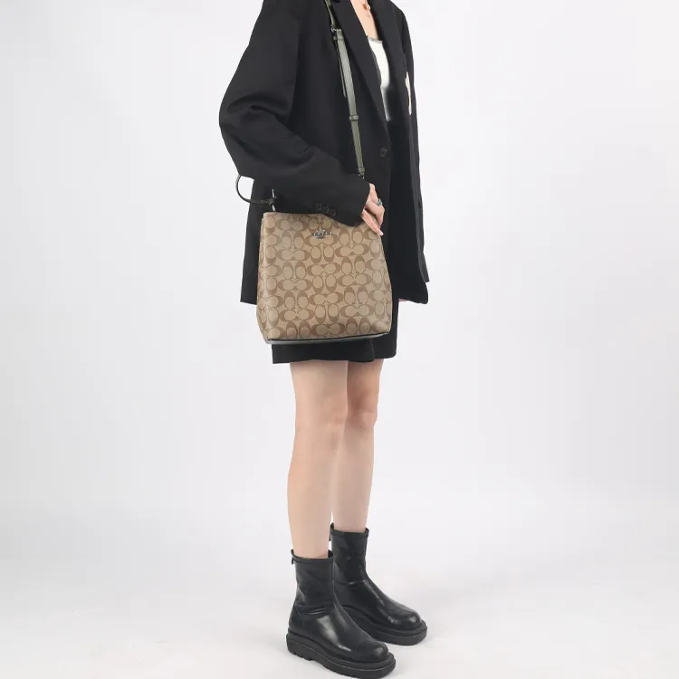 COACH Town Canvas With Leather Bucket Bag Handbag Shoulder Bag Crossbody Bag Medium Size Women's Khaki-2