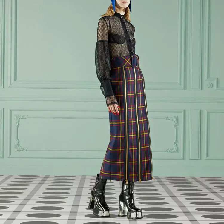 GUCCI Buckled Belt Tartan Skirt-3