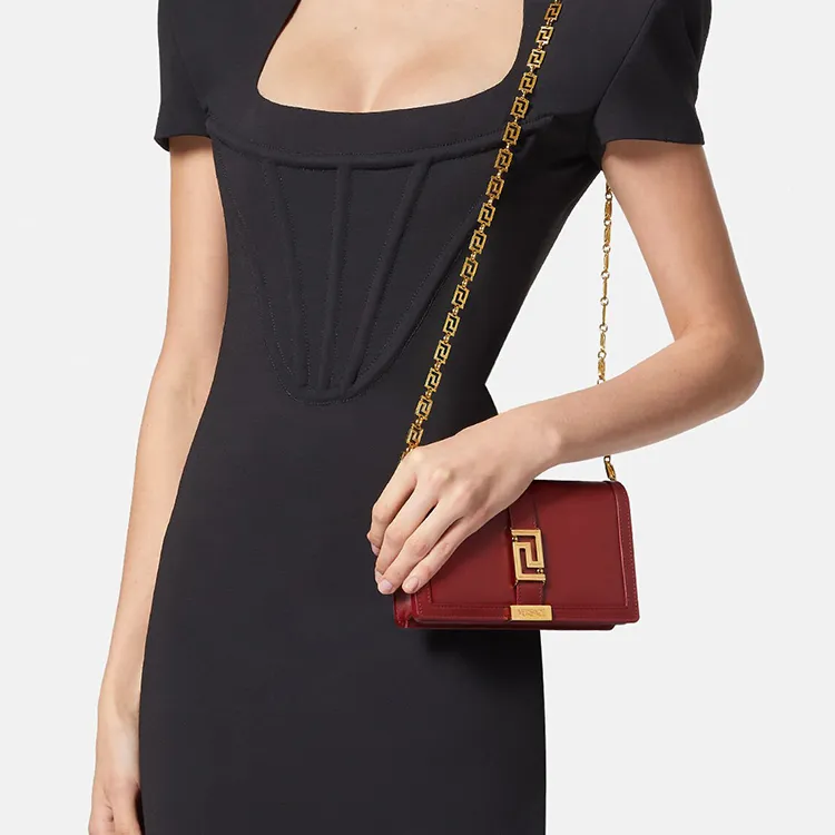 VERSACE Greca Goddess Cow Leather With Lambskin Trim One Shoulder Crossbody Clutch Mini Women's Red-5
