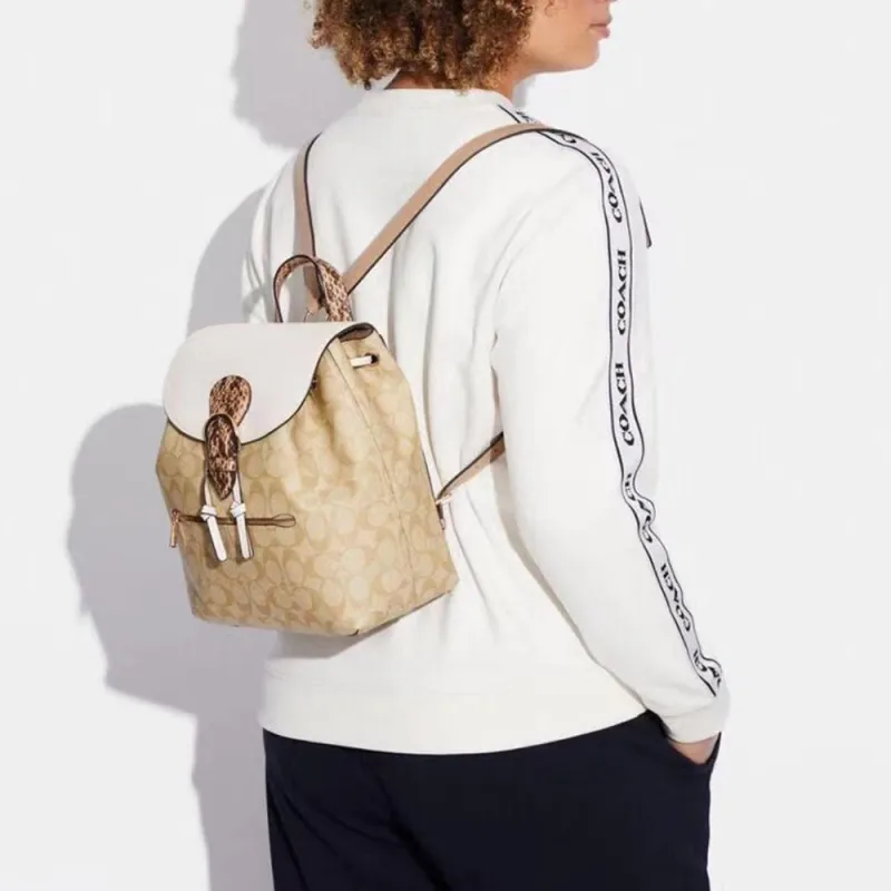 COACH Kleo Pebble Snakeskin Print Leather With Canvas Backpack Medium Size Women's Khaki & Monogram-3