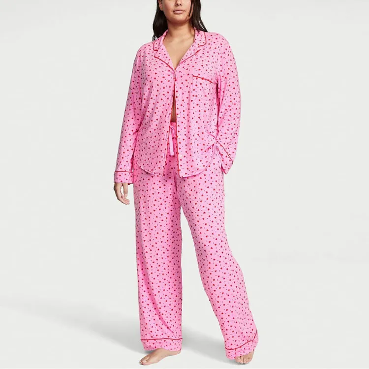 Victoria's Secret Modal Long Pajama Set Pajama Set Women's Rose Pink Polka Dot Print-1