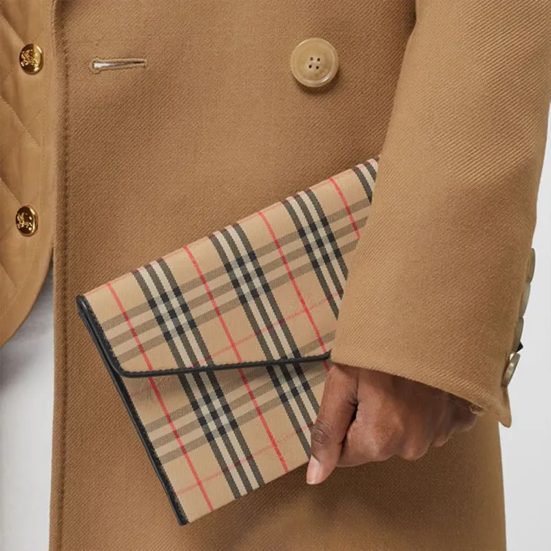 Burberry Cow Leather With Fabric Envelope Bag Coin Purse, Clutch Women's Camel-4