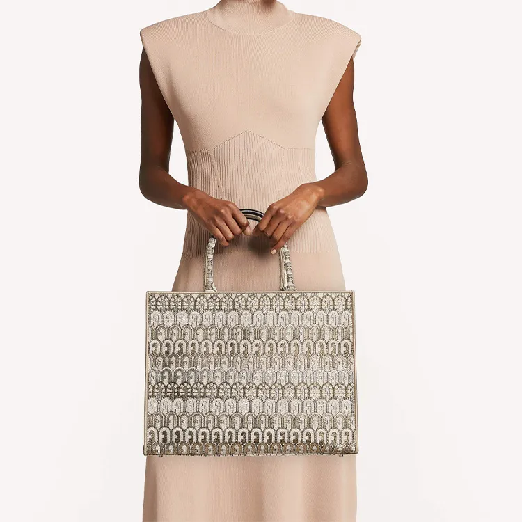 Furla Opportunity Jacquard Fabric Tote Bag Shopping Bag Shoulder Bag Handbag Large Size Women's Light Beige-4
