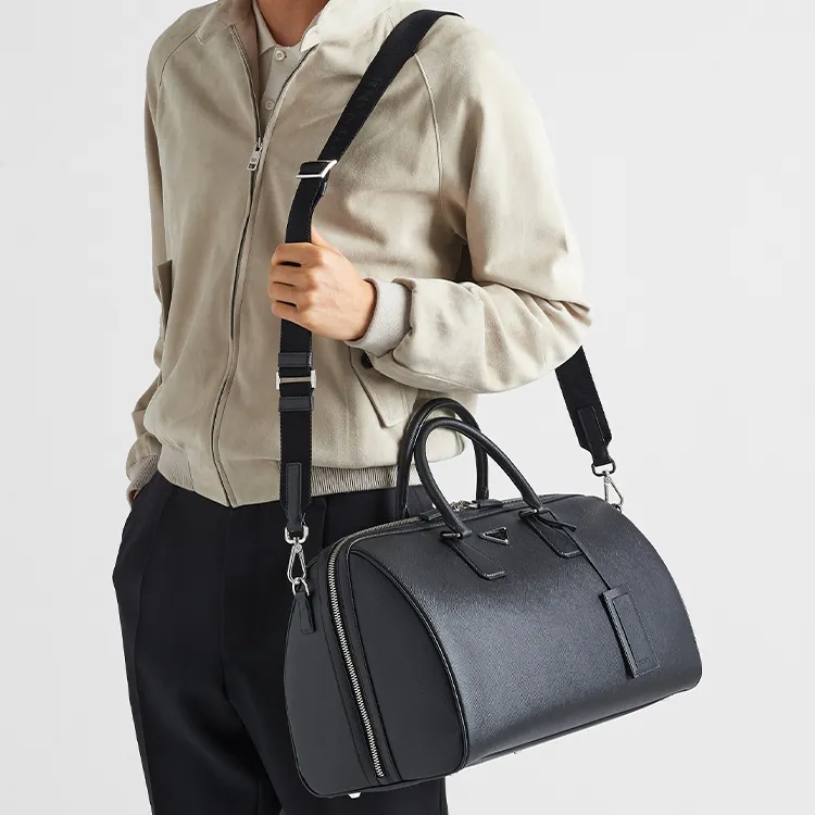 PRADA Symbol Cross-Stitch Leather Handbag Shoulder Bag Crossbody Bag Travel Bag Men's Black-7