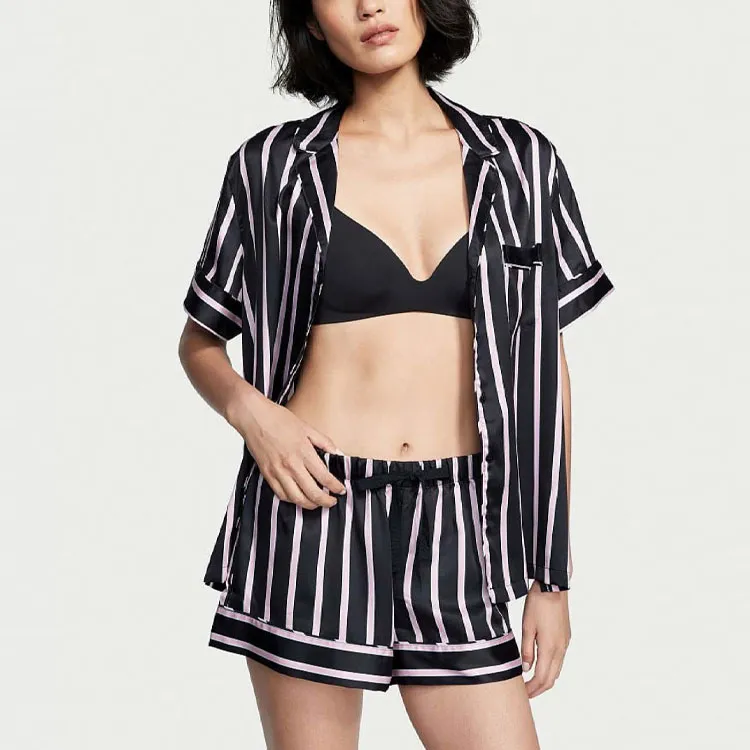 Victoria's Secret Satin Short Pajama Set Pajama Set Women's Black Background With Pink Stripes-1