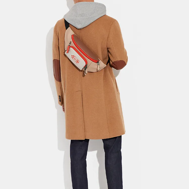 COACH TrackBelt Calfskin One Shoulder Crossbody Fanny Pack Tubas Men's Sandy Beige & Orange-3