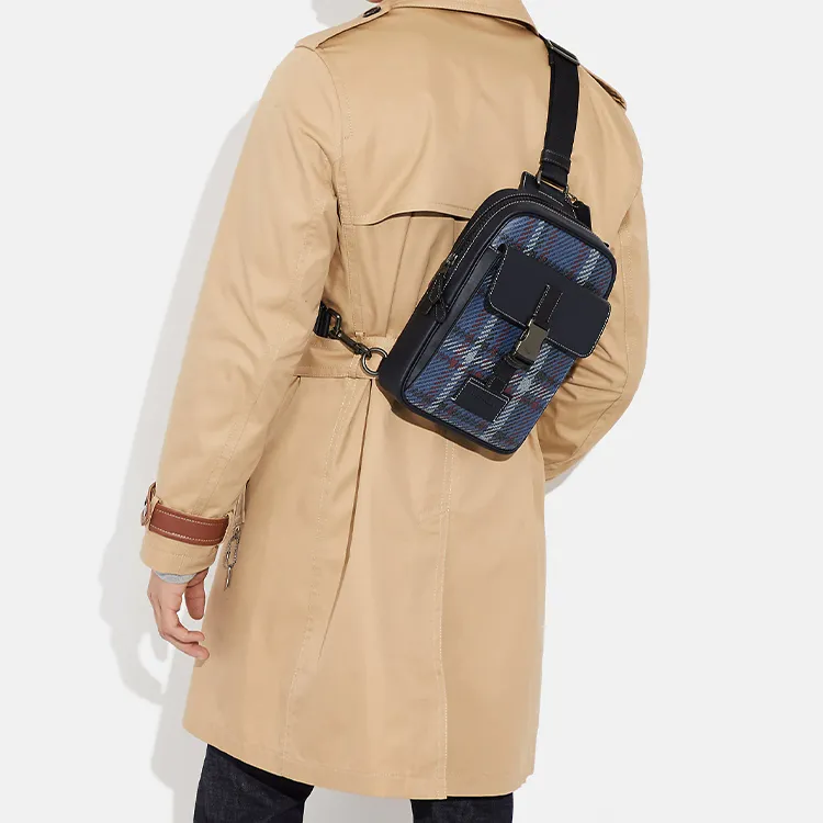 COACH Track Coated Canvas With Calfskin One Shoulder Crossbody Bag, Sling Bag Small Size Women's Marine Blue-3