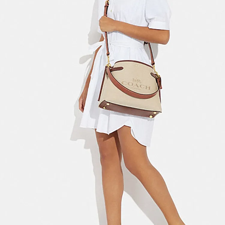 COACH Hanna Canvas Cow Leather Patchwork Shoulder Bag Portable Crossbody Bag Shoulder Bag Women's Khaki-3