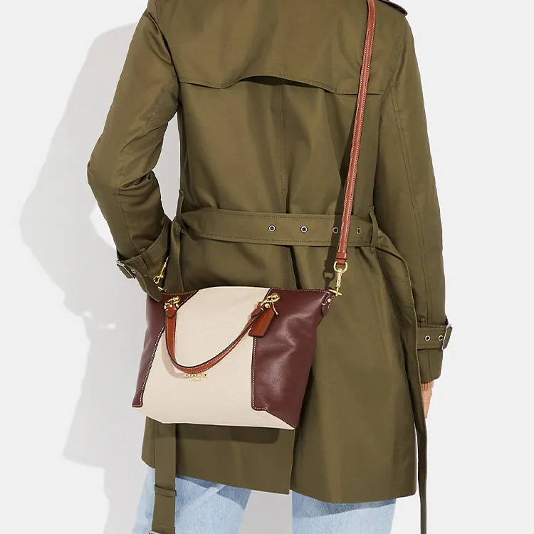 COACH Kacey Leather Briefcase Shoulder Bag Crossbody Bag Handbag Medium Size Women's Beige & Brown-4