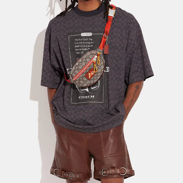 COACH Jacquard With Calfskin Sling Bag, Fanny Pack Trumpets Men's Greige & Red-3