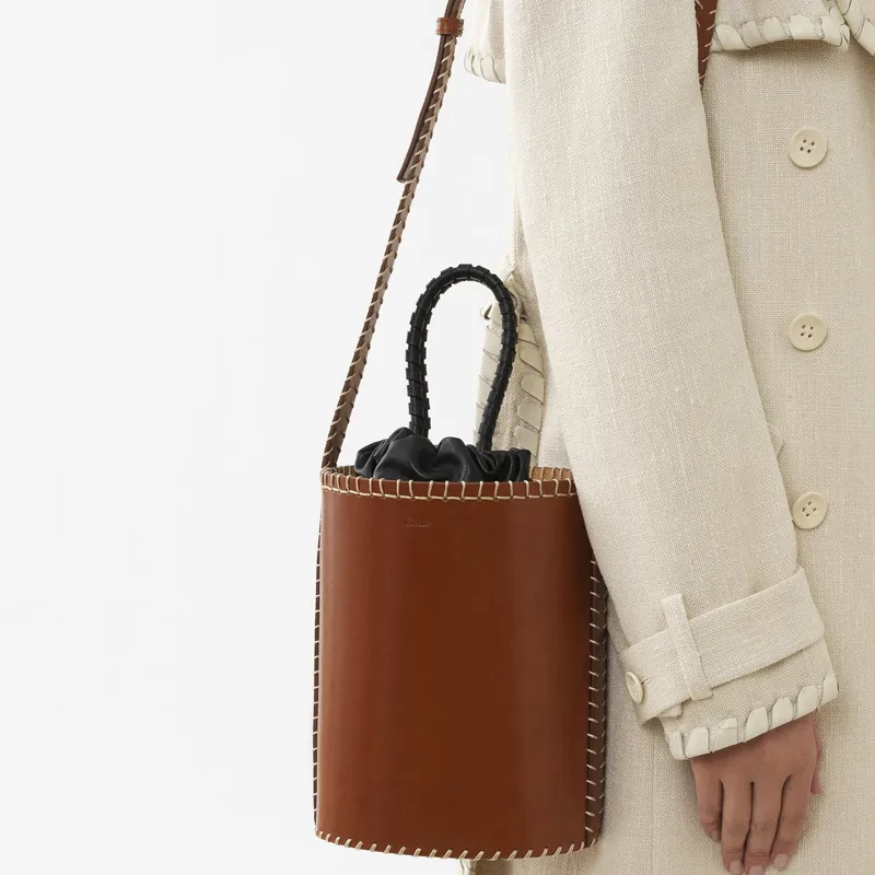 Chloe LOUELA Calfskin Combined With Lambskin Bucket Bag Handbag Shoulder Bag Crossbody Bag Small Size Women's Tan-6