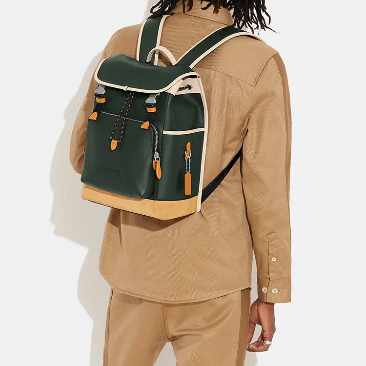 COACH League Cow Leather With Fabric Backpack Tubas Women's Green & Beige-4
