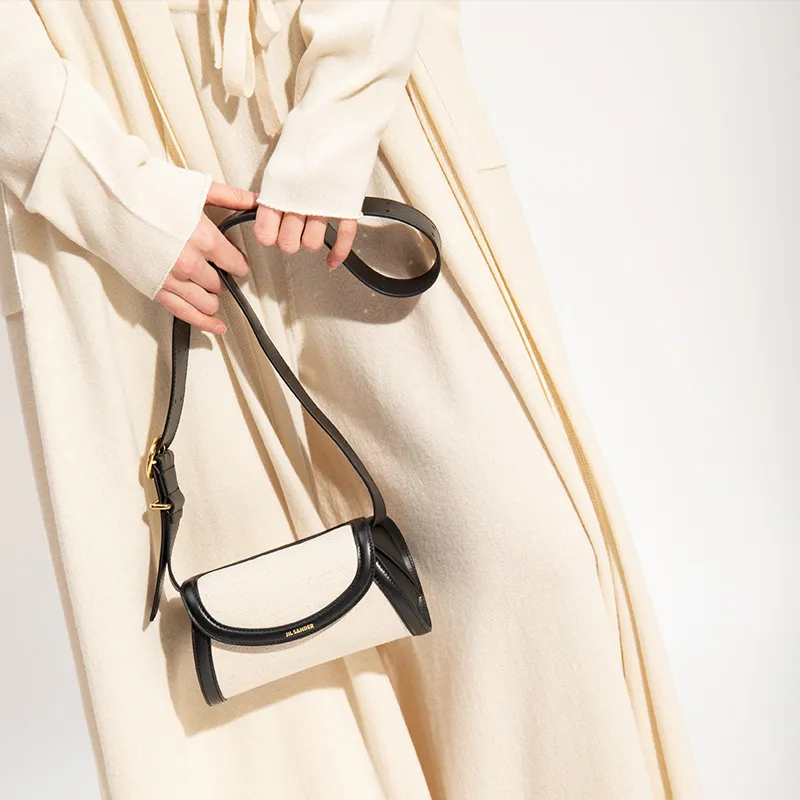 JIL SANDER Cotton Linen Blend With Leather Trim Shoulder Bag, Crossbody Bag Women's Cream/Black-3