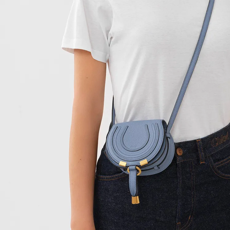 Chloe Marcie Brass And Grain Calfskin Saddle Bag Shoulder Bag, Crossbody Bag Extra Mini Women's Blue-3