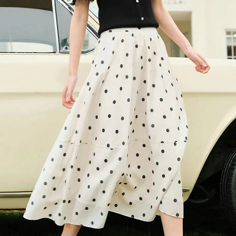 HUULOB Casual Long Skirts Women's White With Black Polka Dot-2