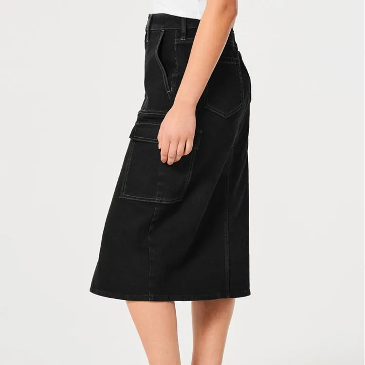 Hollister Denim Long Skirts Women's Black-3