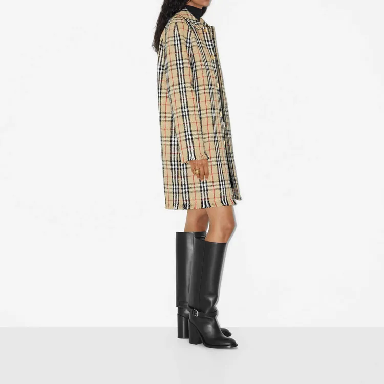 Burberry Checked Fringed Edge Buttoned Coat-3