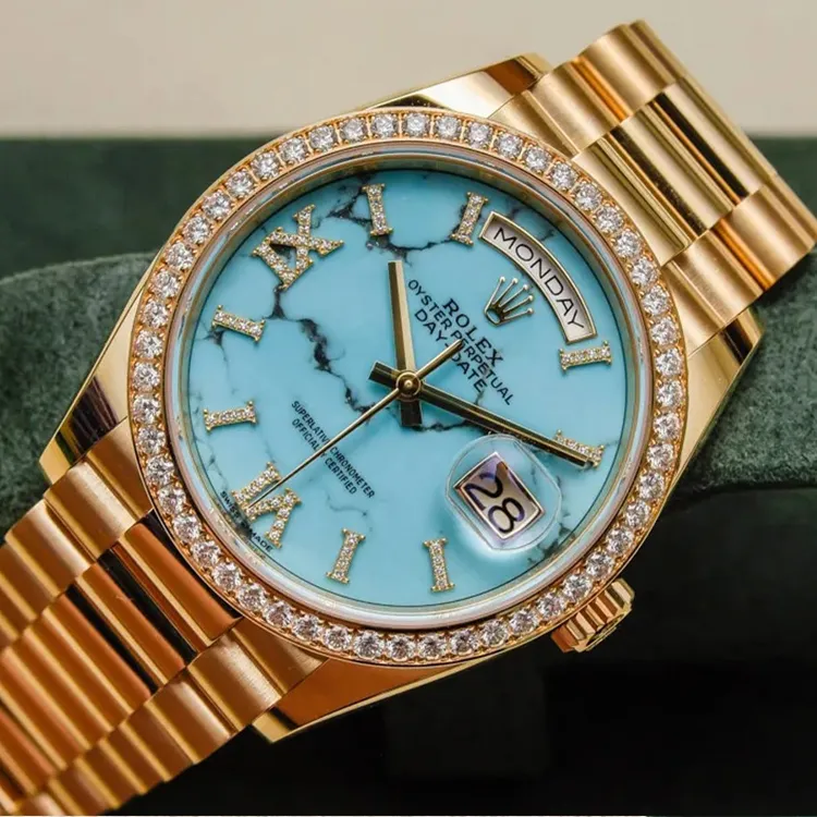 ROLEX Week type Calendar Automatic Mechanical Movement Women's Watch 36mm Blue Dial Gold Watch Case Gold Strap-3