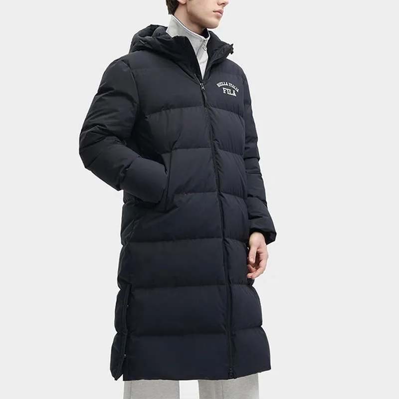 FILA Letter Print Hooded Long Down Jacket Black-4
