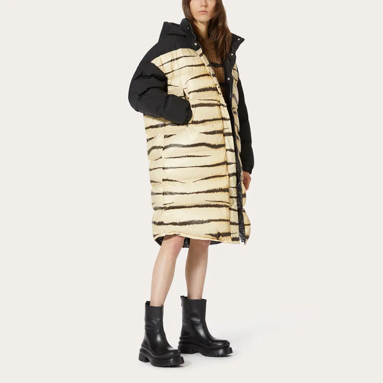 Valentino SS22 Solid Color Multicolor Animal Print Hooded Mid-Length Puffer Jacket Women's Beige-3