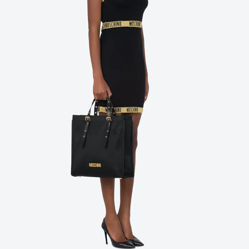 MOSCHINO Cotton Tote Bag Shopping Bag Handbag Shoulder Bag Women's Black-4