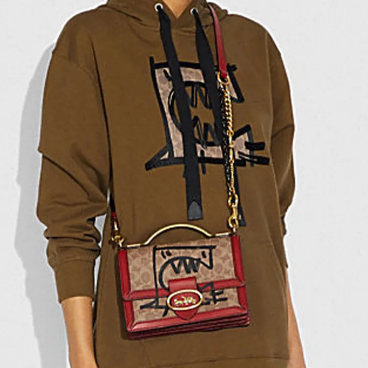 COACH Riley Canvas With Tanned Leather Trunk Bag, Handbag, Crossbody Bag Small Size Women's Brown Red-3