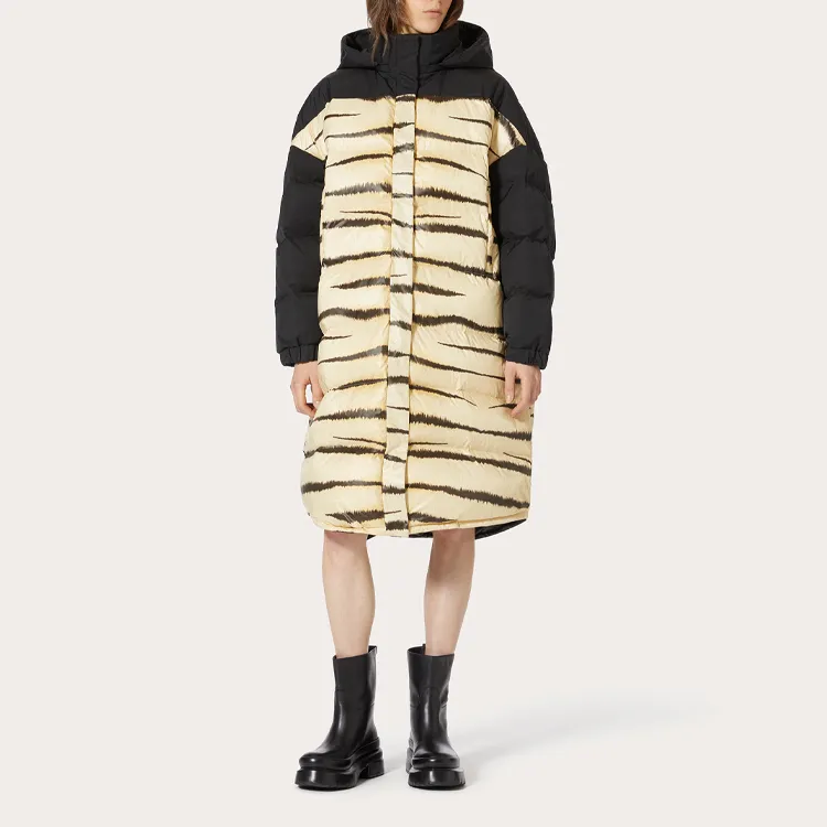Valentino SS22 Solid Color Multicolor Animal Print Hooded Mid-Length Puffer Jacket Women's Beige-1