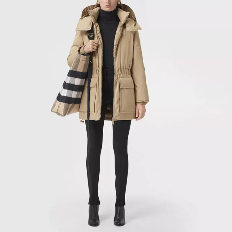 Burberry Solid Color Hooded Mid-Length Down Jacket Women's Beige-2