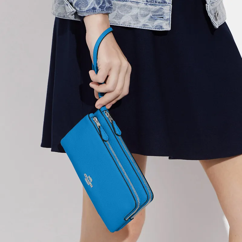 COACH Double Zip Wallet Pebbled Cow Leather Coin Purses Wallets Small Size Women's Blue-2
