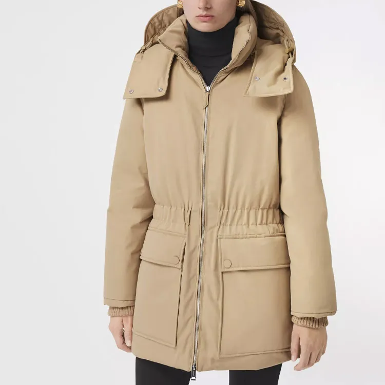 Burberry Solid Color Hooded Mid-Length Down Jacket Women's Beige-3