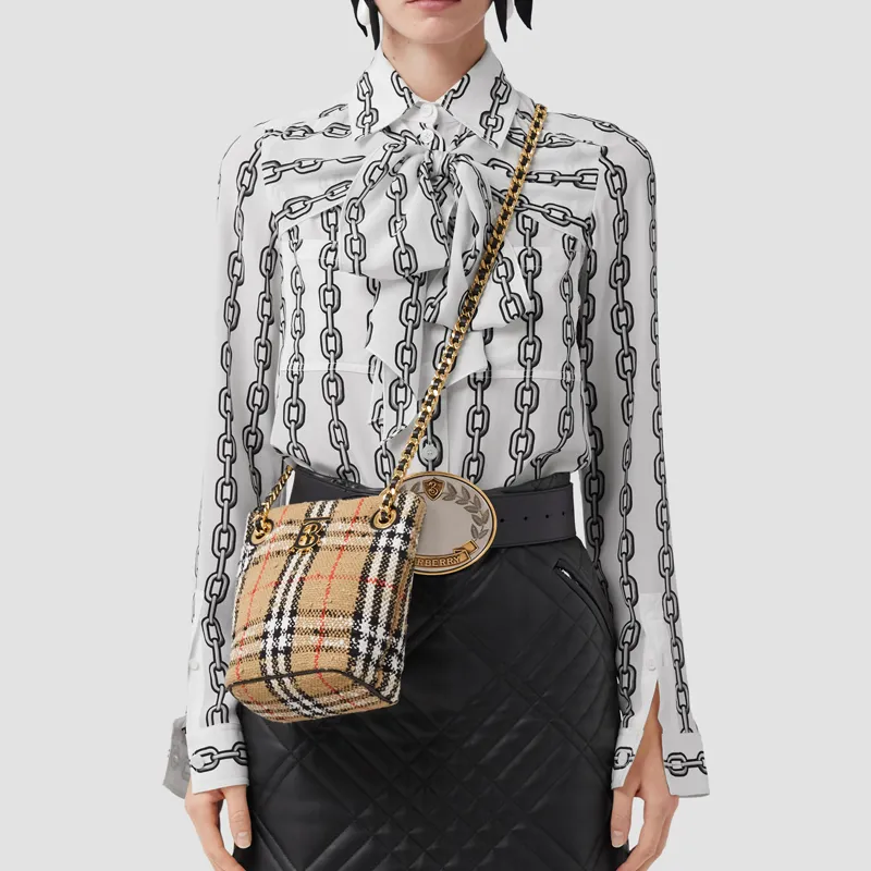 Burberry Vintage Cowhide Cotton Polyamide Wool Loena Bucket Bag Handbag Shoulder Bag Crossbody Bag Mini Women's Beige-6