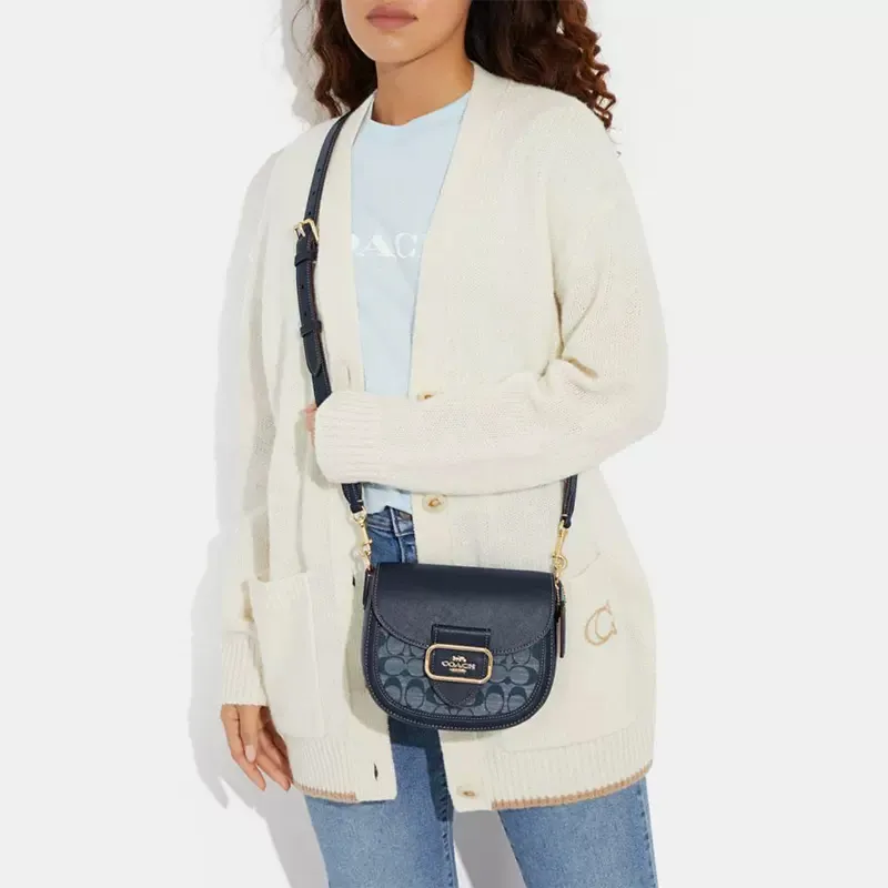 COACH Morgan Cow Leather With Textile Saddle Bag Shoulder Bag Crossbody Bag Small Size Women's Denim Blue-3